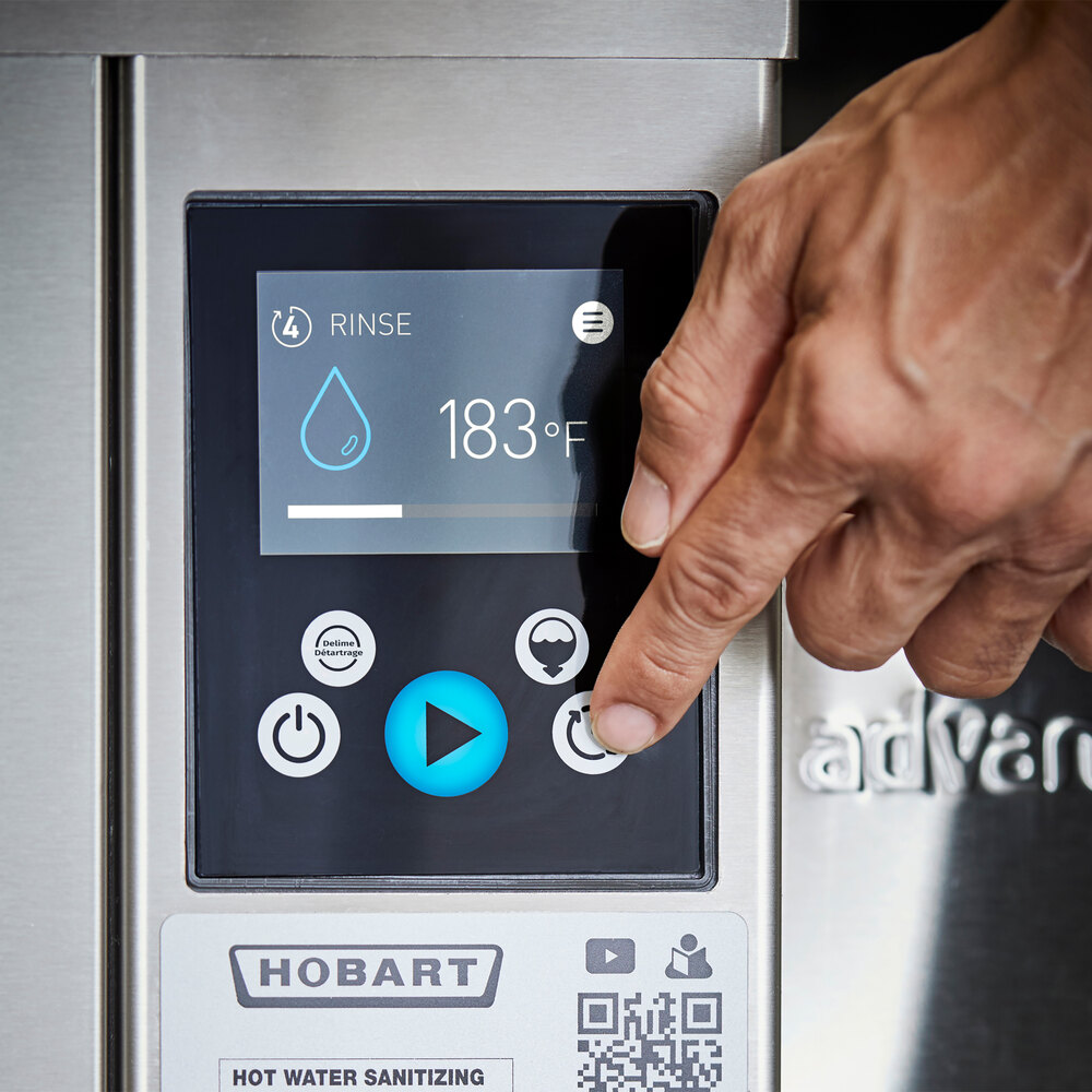 Close-up of Hobart AM16VLT-BAS digital touchscreen control panel displaying rinse cycle at 183°F