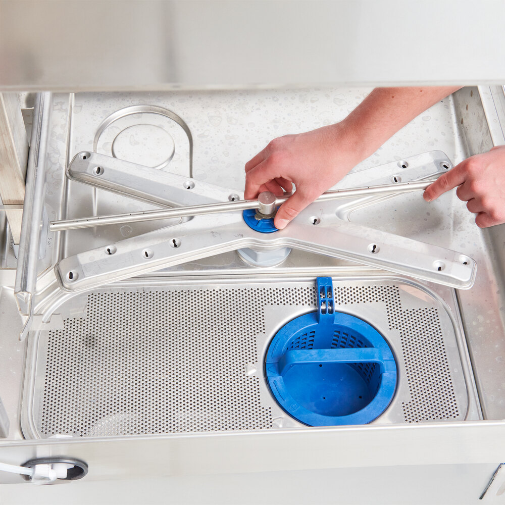 Interior view of Hobart AM16VLT-BAS showing removable spray arm and stainless steel filter system